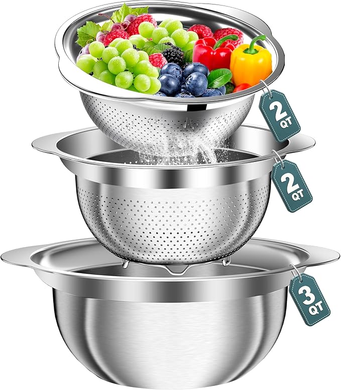 Stainless Steel Colander - 3Pcs Colander for Kitchen - Strainers and Colanders, Kitchen Presents, Food Strainer Basket with Handle for Veggie Wash, Fruits, Spaghetti, Pasta, 2QT, 2QT, 3QT Bowl