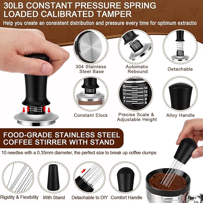 5 Pcs 51mm Espresso Accessories Kit, 3kg/0.1g Accurate Coffee Scale with Timer, Coffee Distributor Spring Loaded Calibrated Tamper WDT Tool and Dosing Funnel Set Fits 51 mm Espresso Machines