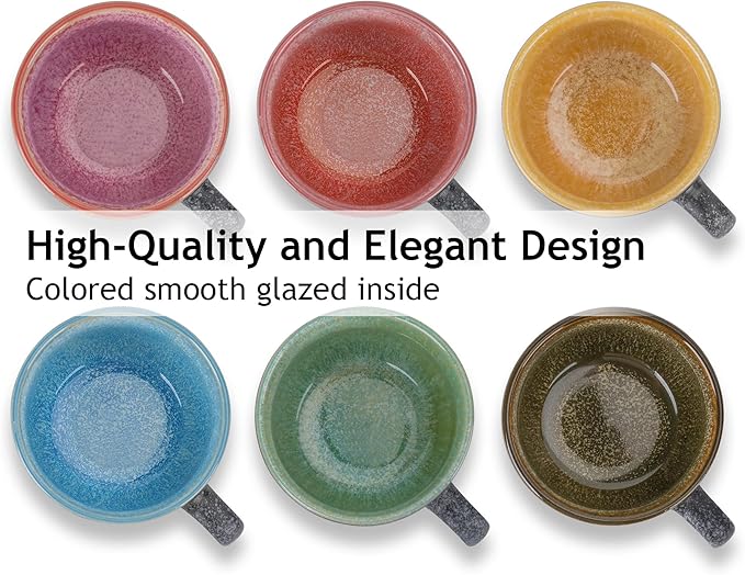 MIAMIO – 6.4 Ounce Ceramic Stackable Cappuccino Cup with Saucers and Metal Stand – Set of 6 Stoneware Cappuccino Mug Set for Specialty Coffee Drinks, Americano, Latte – Las Palmitas Collection