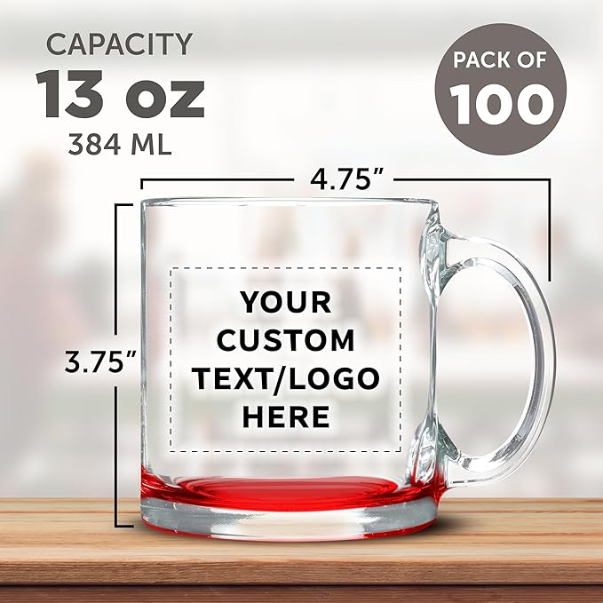 Custom Libbey Clear Glass Coffee Mugs 13 oz. Set of 100, Personalized Bulk Pack - Perfect for Coffee, Tea, Espresso, Hot Cocoa, Other Beverages - Red Bottom