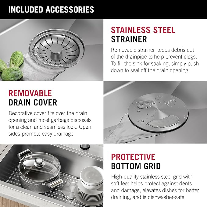 DELTA FAUCET DELTA Rivet 33-Inch Workstation Kitchen Sink Drop-In Top Mount 16 Gauge Stainless Steel Single Bowl with WorkFlow Ledge and Chef’s Kit of 5 Accessories, 95A931-33S-SS