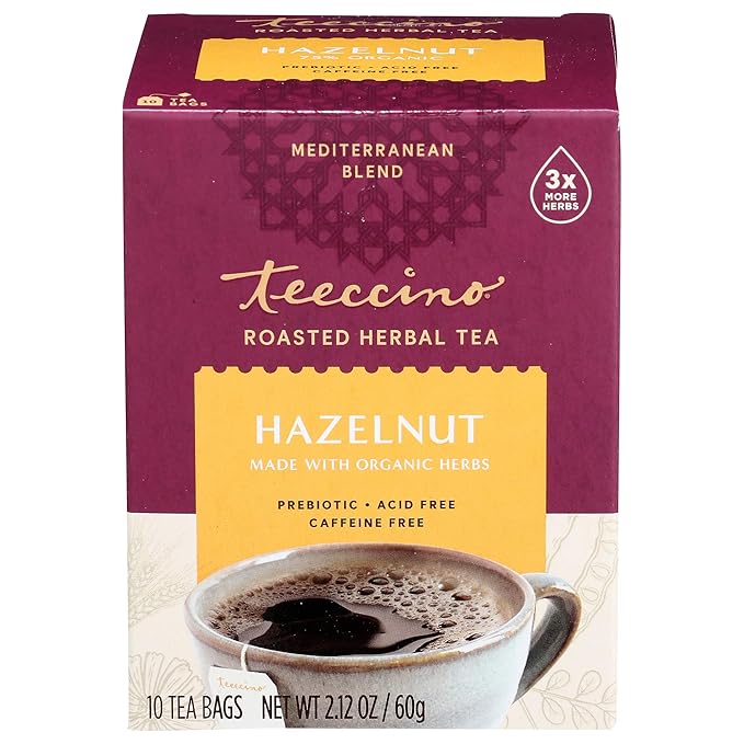Teeccino Hazelnut Roasted Herbal Tea - Caffeine Free, Prebiotic, 3x More Herbs - 10 Tea Bags