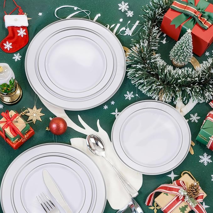 bUCLA 300PCS Silver Disposable Plastic Dinnerware Set - 50 Guests White Silver Disposable Plates Include 50 Dinner Plates,50 Dessert Plates,50 Knives,50 Forks,50 Spoons,50 Cups for Party & Christmas