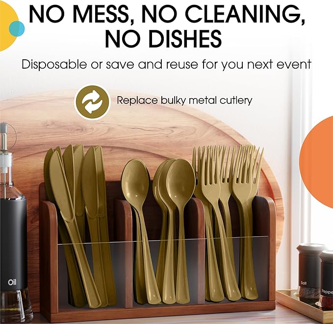 Party Solids Gold Plastic Silverware Heavy Duty 150 Pieces Gold Disposable Silverware Heavy Duty, Utensil Sets, 50 Of Each Forks, Knives & Spoons Disposable Cutlery Set For Party Supplies