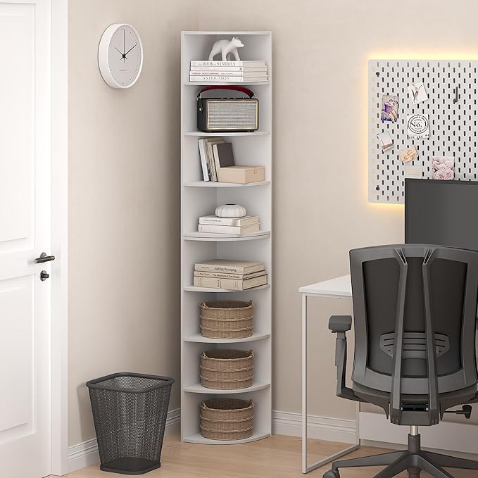 Furinno ECON Corner Shelf, 8-Tier Corner Book Shelf, Storage Shelves, Display Rack, Bookshelf, for Organization and Storage, Living Room, Home Office, White