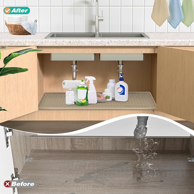 Waterproof Under Sink Mat 28" x 22", Silicone Cabinet Liner, Rubber Protector for Kitchen and Bathroom, Keeps Cabinets Clean, Dry, and Organized (Light Blue)