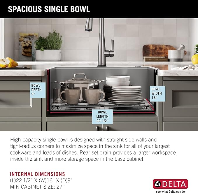 DELTA FAUCET Rivet 25-Inch Workstation Kitchen Sink Drop-In Top Mount 16 Gauge Stainless Steel Single Bowl with WorkFlow Ledge and Chef’s Kit of 5 Accessories, 95A931-25S-SS