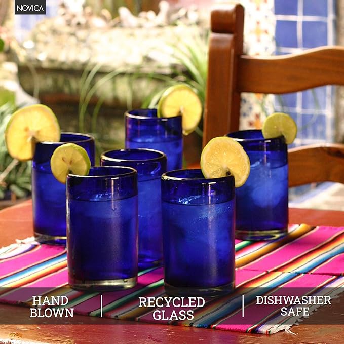 NOVICA Artisan Crafted Cobalt Blue Hand Blown Recycled Glass Cocktail Glasses, 14 Oz, 'Solid Blue' (Set Of 6)