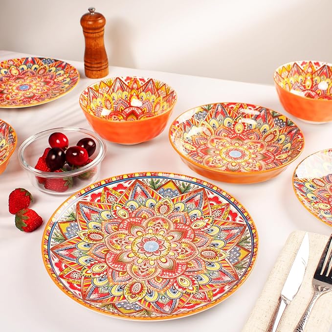 Mandala Dinnerware Sets (16 PCS) Serves for 4, Buffet Dinnerware, Boho Plates and Bowls Set with 8.3" salad Plate 8.6"/10.6"dinner Plate 6.4" bowl, apply Indoor Outdoor Dining