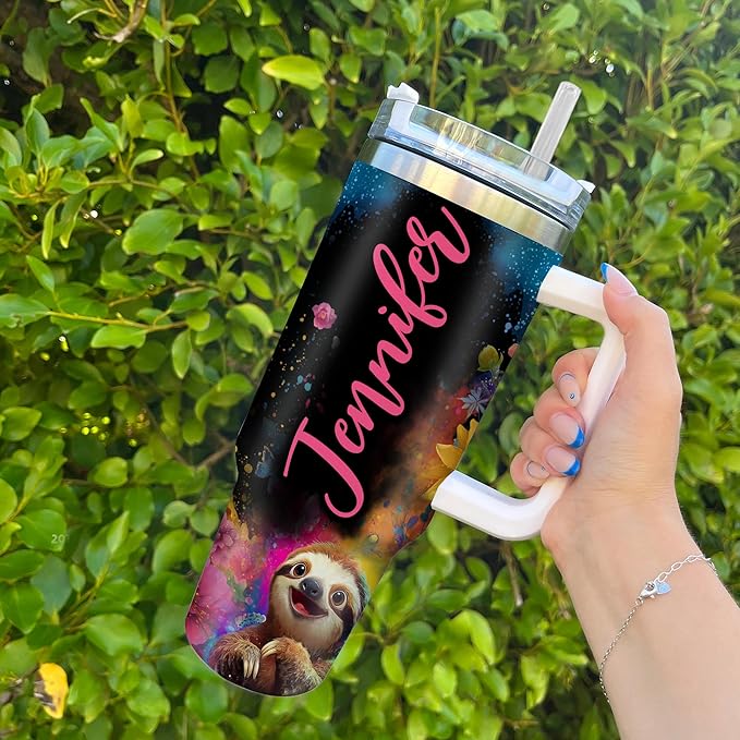 Personalized Sloth 40oz Tumbler with Handle and Straw Gifts for Sloth Lovers, Cute Animal Lover Gifts For Women Girl, Unique Birthday Christmas Gift, Custom Name Stainless Steel Travel Cup