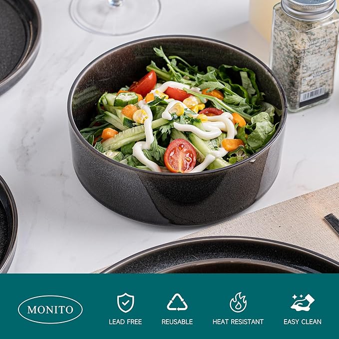 Stoneware Dinnerware Sets, Plates and Bowls Set for 4, 12-Piece Modern Stoneware Dinnerware – Chip Resistant, Non-Toxic, Dishwasher and Microwave Safe Tableware，Matte Black