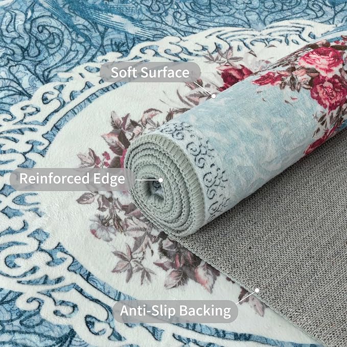 Easy-Going Large Area Rug 8x10 Washable Floral Rug for Living Room Non-Slip Bedroom Rugs Low Pile Lightweight Retro Flowers Throw Rug for Dining Room Kitchen Home Office Carpet, Teal Red