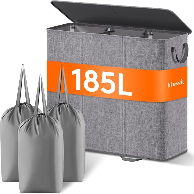Lifewit Triple Laundry Hamper with Lid and Removable Laundry Bags, Large Collapsible 3 Dividers Dirty Clothes Basket with Handles for Bedroom, Laundry Room, Closet, Bathroom, College, 185L Gray
