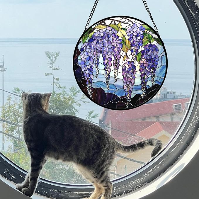 Stained Glass Window Hanging, Wisteria Flower Sun Catcher for Door Home Decor Purple and Blue Suncatcher Christmas Mother's Day Birthday Gifts for Women Men Mom and Nana 11.8 in