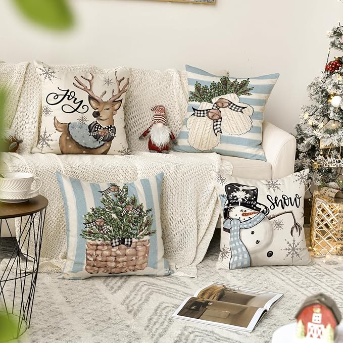AVOIN colorlife Christmas Snowman Reindeer Gloves Eucalyptus Blue Throw Pillow Covers, 16 x 16 Inch Winter Holiday Stripes Cushion Case Decoration for Sofa Couch Set of 4