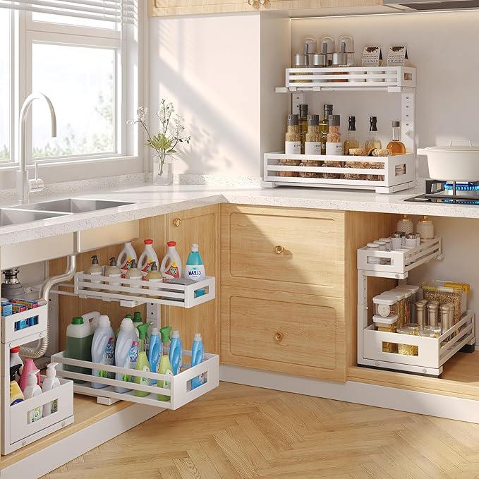 1-Pack Under Sink Organizers and Storage,2-Tier L Shape Pull Out Cabinet Organizer With Round Tube Slide Rails,Hight Adjustable Slide Out Drawers for Kitchen&Bathroom,Multi-Purpose Storage Shelf-White