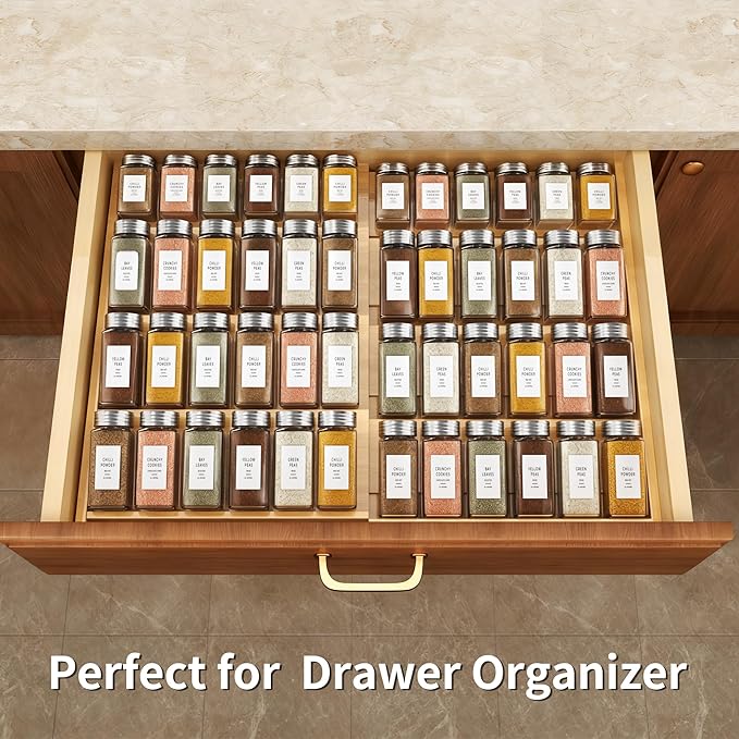 QUEENKAY Expandable Bamboo Spice Drawer Organizer, 4 Tier Spices Rack for Cabinet, Kitchen Seasoning Organization Storage Insert (Jars Not Included, From 12" to 22" Wide)