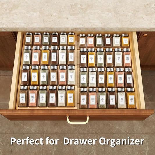 QUEENKAY Expandable Bamboo Spice Drawer Organizer, 4 Tier Spices Rack for Cabinet, Kitchen Seasoning Organization Storage Insert (Jars Not Included, From 12" to 22" Wide)