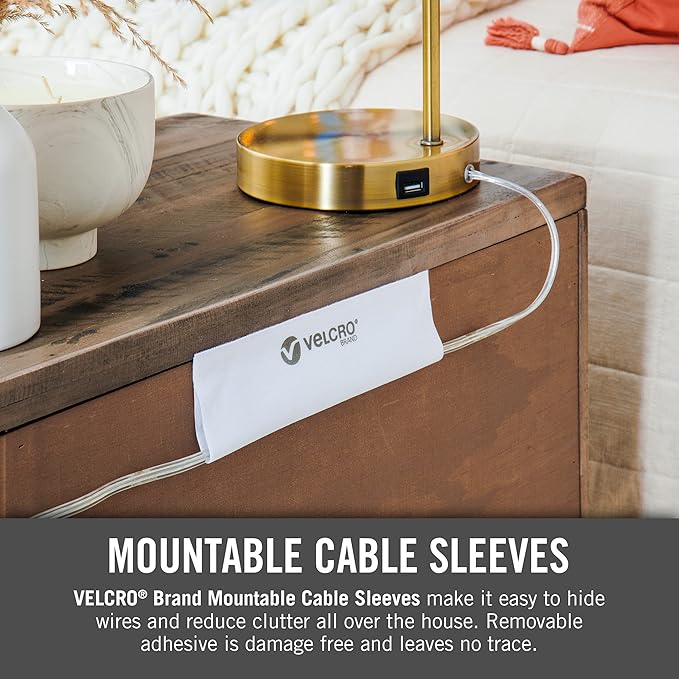 VELCRO Brand Cable Sleeves. Organize Messy Wires on Desk, Behind TV or Game Console. 16-Inch (2x8in) White. Removable Adhesive Mounts to Smooth Surfaces