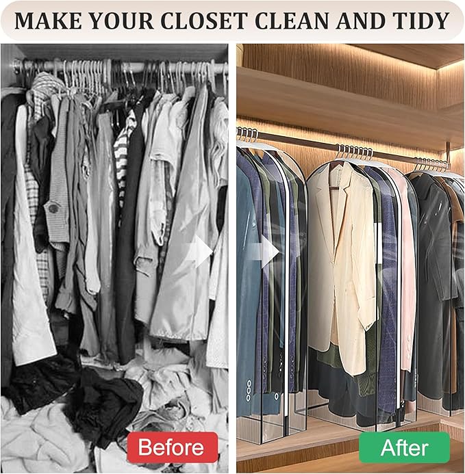4 Pack 60" Clear Garment Bags for Hanging Clothes, with Smooth Side Zipper, Hanging Garment Bags for Closet Storage, Long, for Shirts, Coats, Dresses, Suits