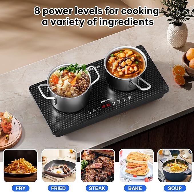 1800W Portable Double Induction Cooktop – 2 Burner Countertop Electric Stove with Touch Control, Dot Pattern Panel, 8 Power Levels, Timer, Safety Lock, Compatible with Magnetic Cookware