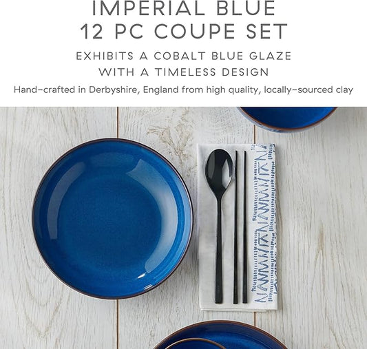 Denby - Imperial Blue 12 Piece Coupe Dinner Set For 4 - Ceramic Tableware Plate & Bowl Set - Dishwasher Microwave Safe Crockery - 4 x Dinner Plates, Small Plates, Cereal Bowls - Chip & Crack Resistant