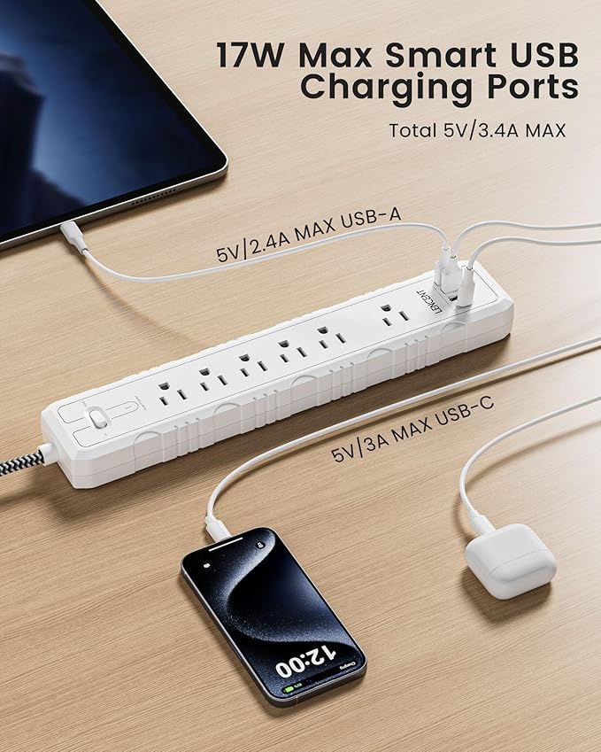 2 Prong to 3 Prong Outlet Adapter, LENCENT 2 Prong Power Strip, 1050J 2 Prong Flat Plug Surge Protector, 10ft Extension Cord, 6 AC Outlets & 4 USB(1 Type-C), Ideal for Non-Grounded Outlets