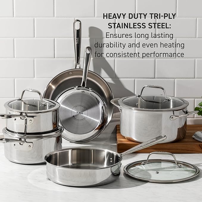 T-Fal Pro Tri-Ply Stainless Steel Cookware Set, 3-Piece Induction Cookware, Oven Safe 500F, Fast & Even Heat, Professional Quality, Durable Pots and Pans Set, Fry Pan, Silver