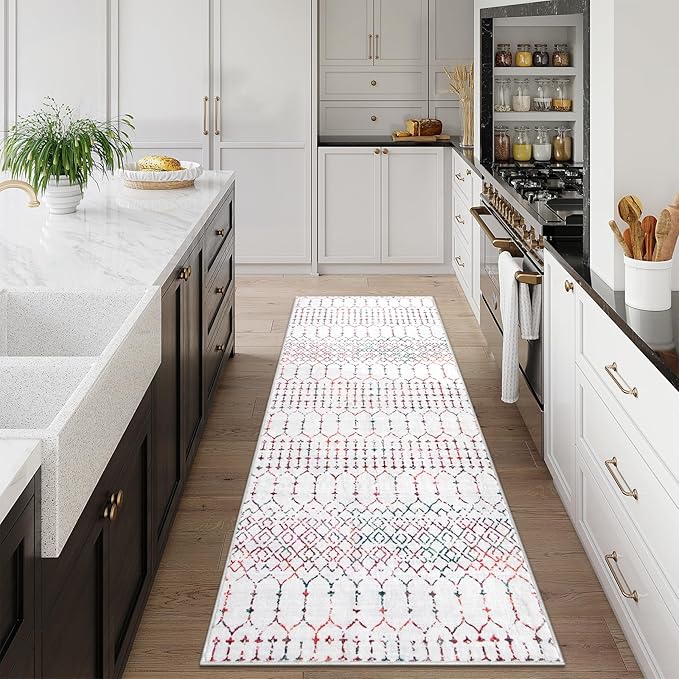 Lahome Moroccan Washable Runner Rug 2x6 - Non-Slip Anti-Fatigue Kitchen Rugs and Runners Throw Soft Long Bathroom Runner, Geometric Print Distressed Floor Runners for Entryway Laundry Room Foyer