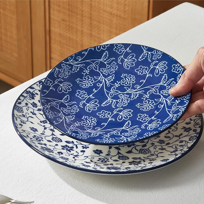 ONEMORE Ceramic Dinnerware Sets, 12 Piece Stoneware Plates and Bowls, Dish Sets for 4 - Scratch Resistant, Dishwasher & Microwave Safe, Vintage Blue
