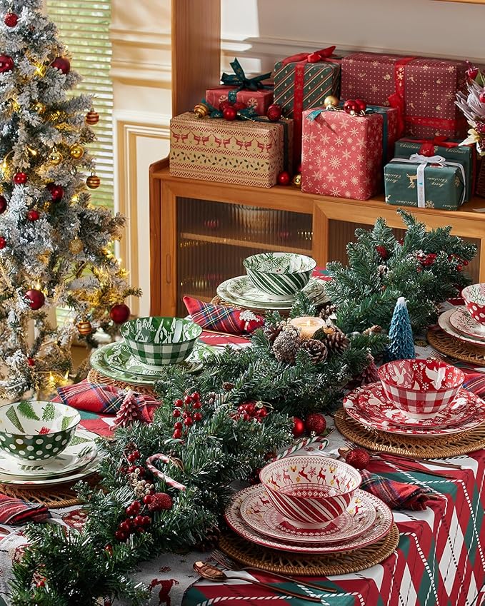 Christmas Soup Bowls, 23 Oz Cereal Bowl Set for Kitchen, Deep Ceramic Bowls for Salad, Dessert, Pasta, Ice Cream, Dishwasher and Microwave Safe, Set of 6