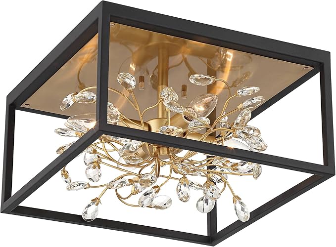 Possini Euro Design Carrine Modern Ceiling Light Flush-Mount Fixture 14 1/4" Wide Black Metal Gold Branches 4-Light Clear Crystal Buds for Bedroom Kitchen Living Room Hallway Bathroom House Home