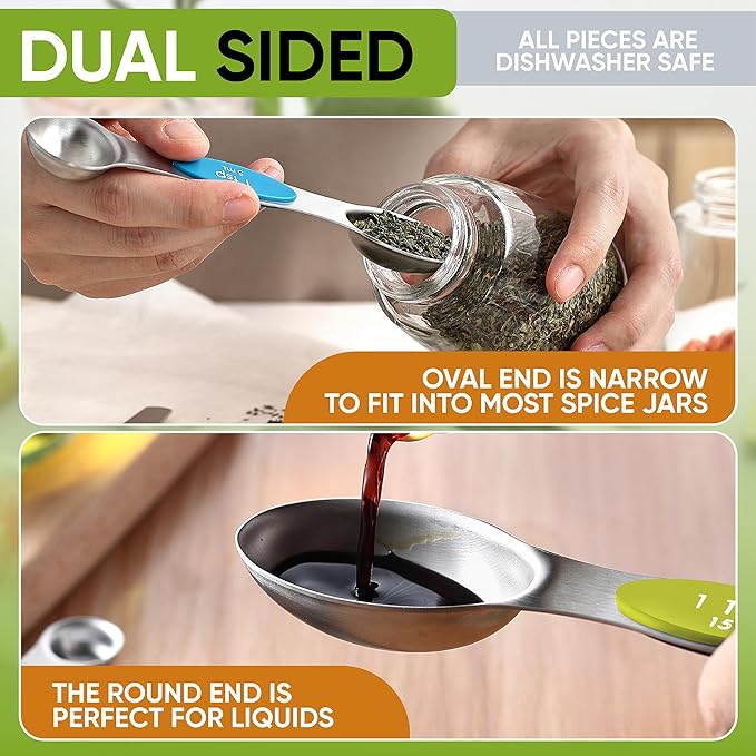 Spring Chef Magnetic Measuring Cups & Spoons Set, Patented, Strong N45 Magnets, Heavy Duty Stainless Steel Fits in Spice Jars for Baking & Cooking, BPA Free, Set of 15 with Leveler, Multicolor