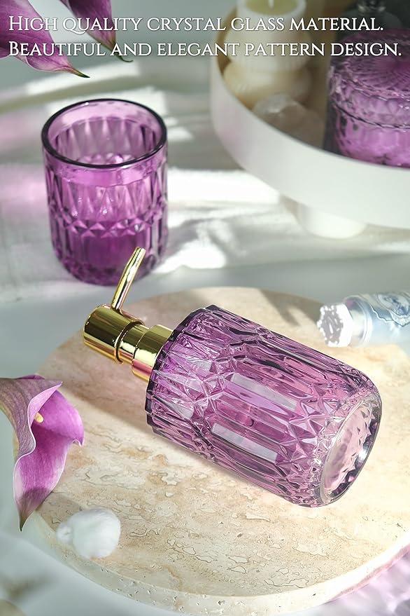 Purple Bathroom Accessories Set, 5Pcs Clear Glass Bathroom Accessories, Soap Dispenser, Toothbrush Holder Set, Soap Dish, Qtip Holder, Tumbler for Vintage Crystal Bath Decor (Violet)