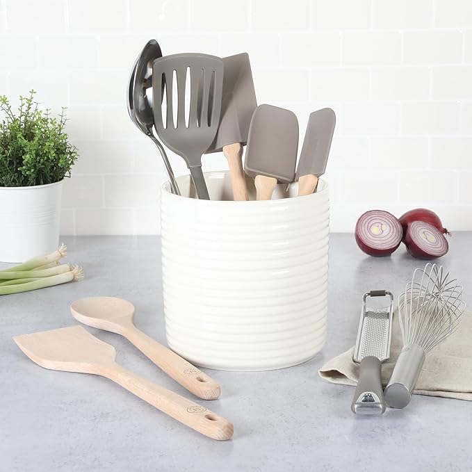 Martha Stewart 10 Piece Tools and Gadget Set W/Ceramic Crock - Linen White w/Grey Tools
