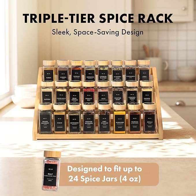 3 Tier Bamboo Spice Rack Organizer for Cabinet – Fits 24 Spice Jars, 17.5” Wide Countertop & Cabinet Organizer for Kitchen Organization, Seasoning Organizer Shelf (Jars Not Included)