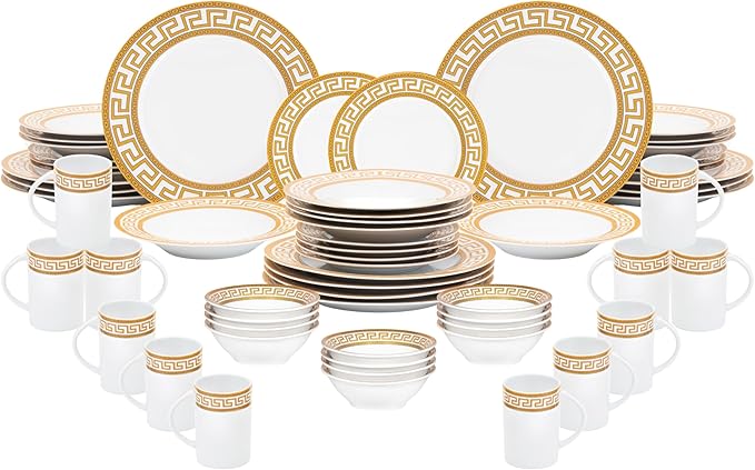 60 Piece Porcelain Dinnerware Sets – Service for 12 Plates, Mugs, Bowls – White with Gold Greek Key Design Dish Set for Kitchen Table, Everyday Dining or Formal Occasions (Meander Gold)