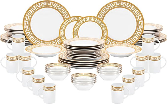 60 Piece Porcelain Dinnerware Sets – Service for 12 Plates, Mugs, Bowls – White with Gold Greek Key Design Dish Set for Kitchen Table, Everyday Dining or Formal Occasions (Meander Gold)
