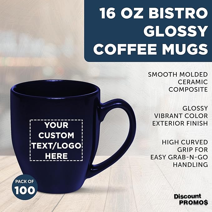 Custom Large Coffee Cups 16 oz. Set of 100, Personalized Bulk Pack - Perfect for Tea, Espresso, Cappuccino, Hot Cocoa - Blue