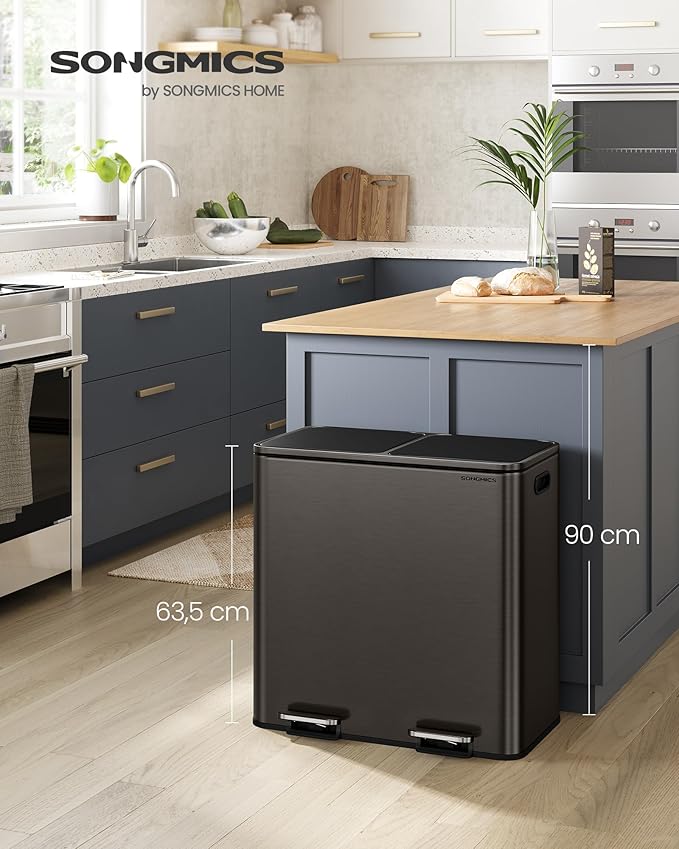 SONGMICS Trash Can, 2 x 10.6 Gallon (2 x 40 L) Garbage Can for Kitchen, with 15 Trash Bags, 2 Compartments, Plastic Inner Buckets and Hinged Lids, Airtight, Slate Gray ULTB730G01V1