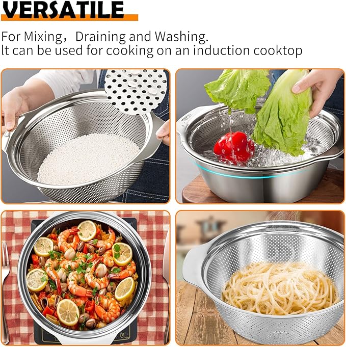 Stainless Steel Microporous Colander for Kitchen, 2.5QT Large Capacity, Colander and Bowl Set of Two, Stainless Steel Drain Basket with Mixing Bowl, for Washing Fruits and Vegetables