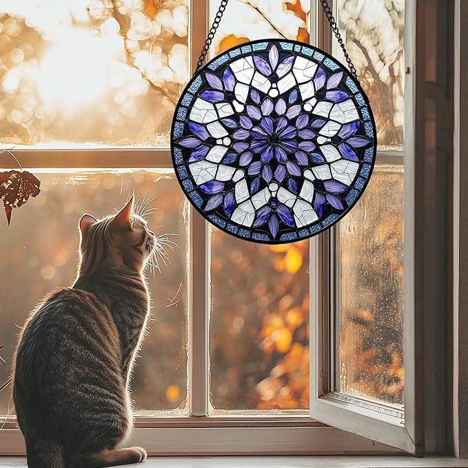 Stained Glass Window Hanging, Purple Blue Tiffany Style Flowers Sun Catcher for Window Door Home Decor Suncatcher Christmas Mother's Day Birthday Gifts for Women Men Mom Nana 15 in
