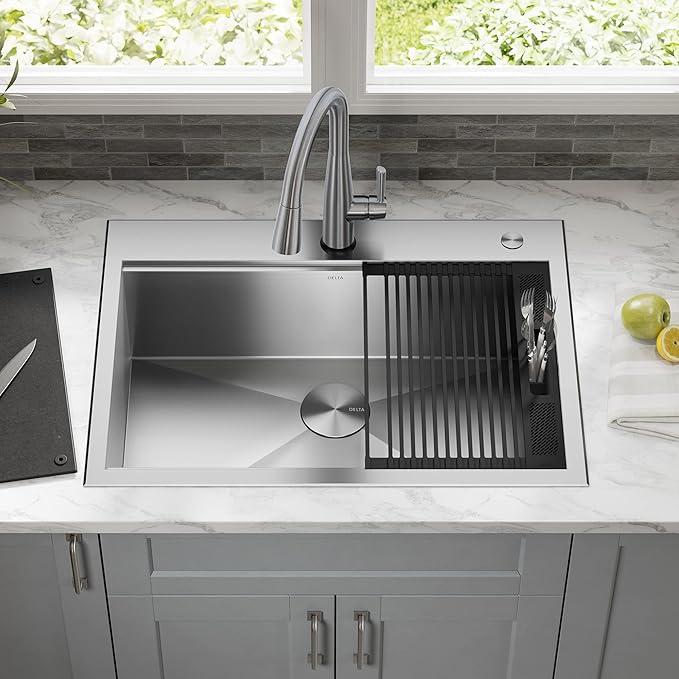 DELTA FAUCET Rivet 30-Inch Workstation Kitchen Sink Drop-In Top Mount 16 Gauge Stainless Steel Single Bowl with WorkFlow Ledge and Chef’s Kit of 5 Accessories, 95A931-30S-SS