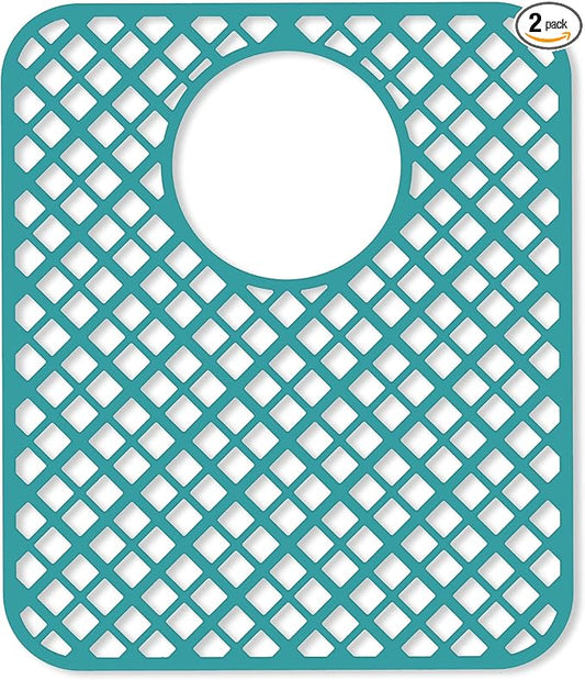 2 Pack Silicone Sink Protectors for Kitchen Sink, Lozenge Pattern 13 x 11 Inches Sink Mat, Non-Slip and Durable Sink Protector Silicone, Rear Drain, Green