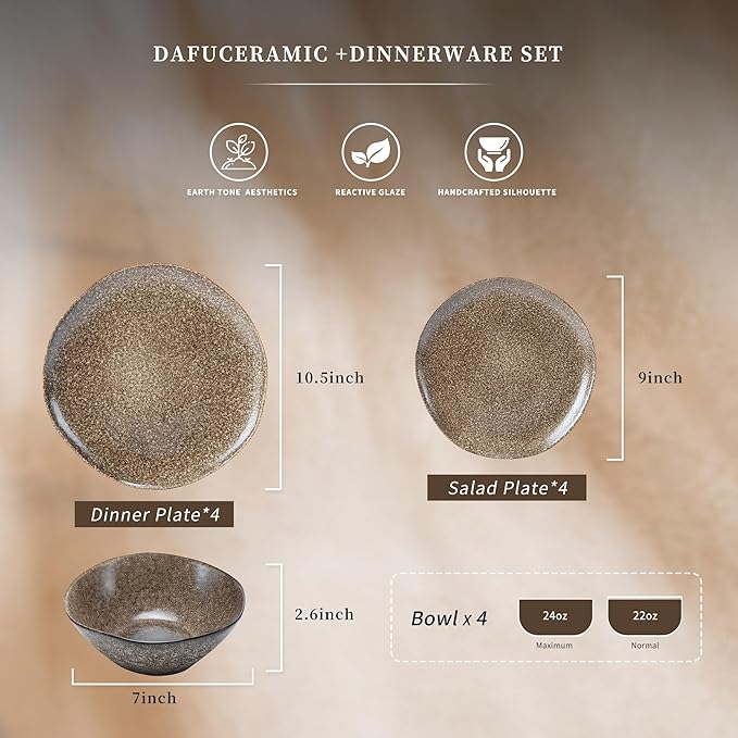 12PCS Stoneware Dinnerware Sets, Plates and Bowls Dish Set for 4, Irregular Vintage Handmade Dinner Ware Dishware for Kitchen Dinning, Microwave & Dishwasher Safe, Brown