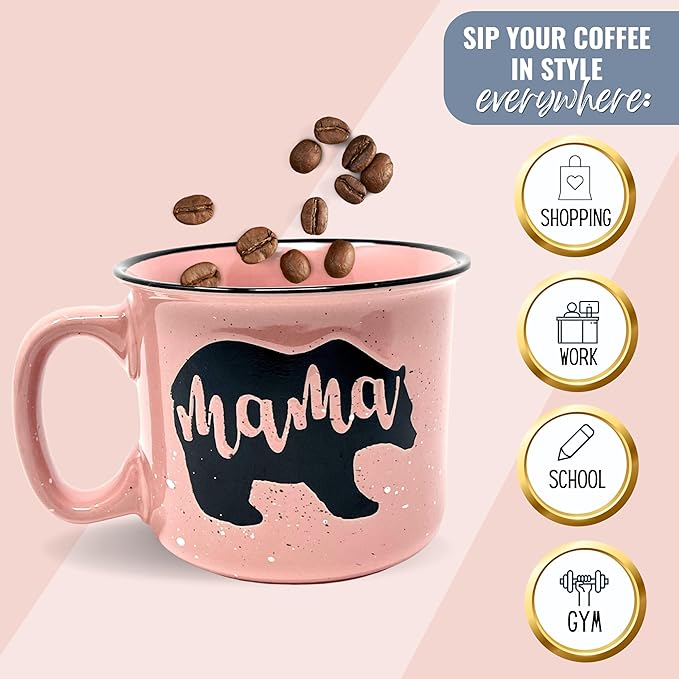 Mama Bear Ceramic Coffee Mug for Mom, Wife, Women – Unique Coral Ceramic Mug – Fun Gifts for Her on Mother’s Day, Birthday, or Christmas – Cute Coffee Cup for Moms, Wives, and Coffee-Loving Women