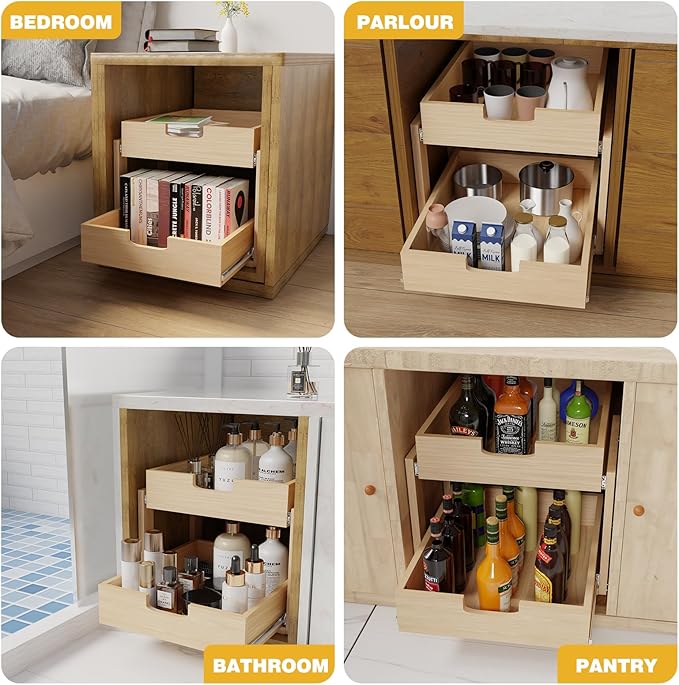Pull Out Cabinet Organizer, 23''W×21''D×16''H Soft Close Slide Out Wooden Pull out Drawers, Double Tier Slide out Wood Cabinet Organizer, for Base Cabinet Organization in Kitchen, Pantry, Bathroom