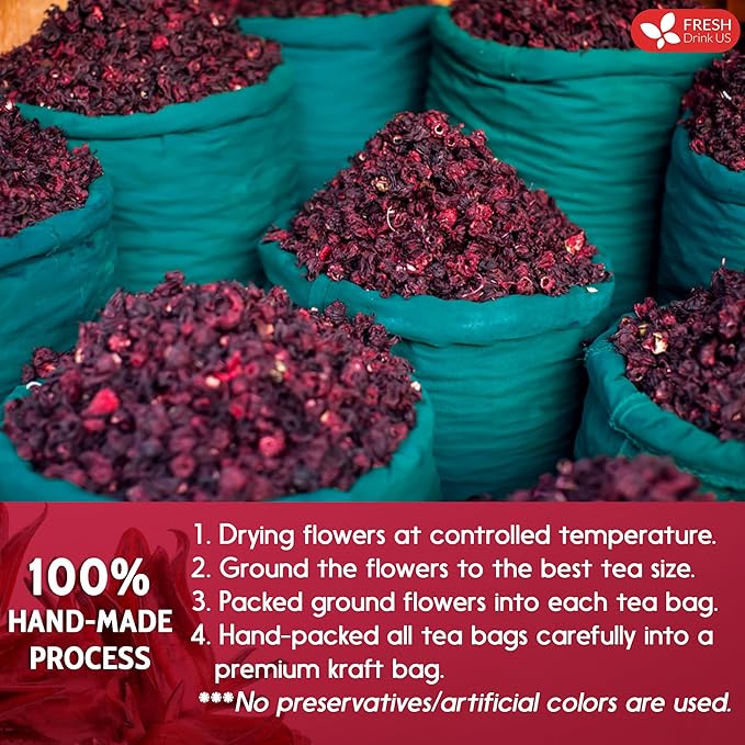 FreshDrinkUS, Premium 30 Hibiscus Flowers Tea Bags, 100% Natural & Pure from Hibiscus Flowers. Loose Flower Herbal Tea. No Sugar, No Caffeine, No Gluten, Vegan.