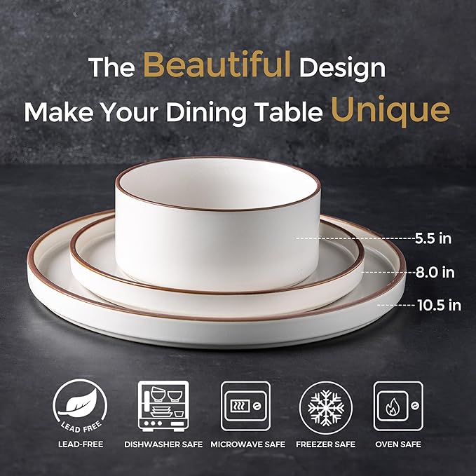 LERATIO Ceramic Dinnerware Sets for 8, High Edge Stoneware Plates and Bowls Set, Chip and Crack Resistant | Oven & Dishwasher & Microwave Safe Dishes Set, Service for 8 -Vanilla White