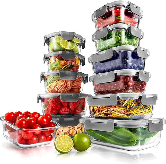 NutriChef Superior Glass Food Storage Containers - 24-Piece Stackable Glass Meal-prep Containers w/Newly Innovated Hinged BPA-Free 100% Leakproof Locking Lids - Freezer-to-Oven-Safe NCGLGY (Gray)